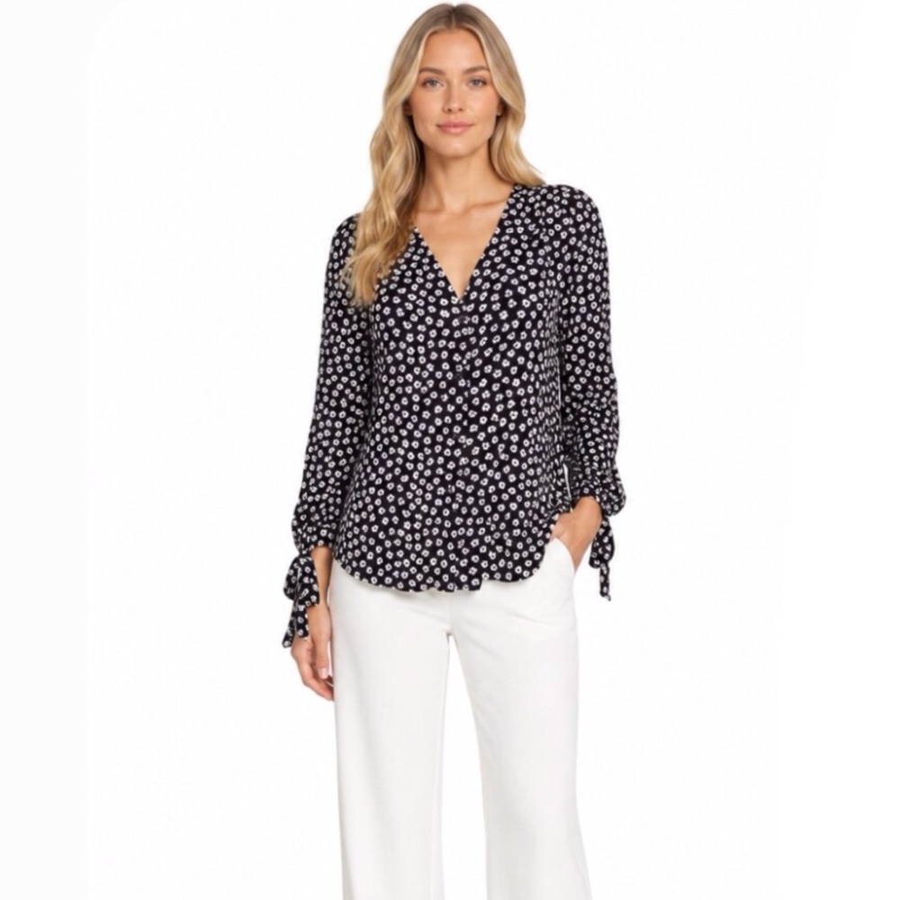 Madewell Floral Tie Sleeve Button Down Top Black White Crepe Size Small